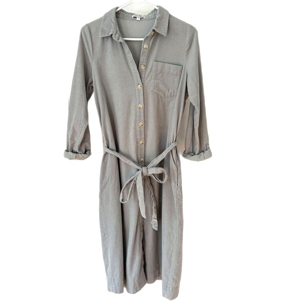 Sweet Salt Size 2 Gray Corduroy Midi Shirt Dress Long Sleeve Belt Boho Cottage
